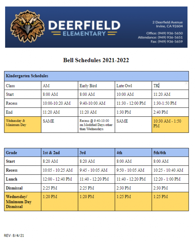 2021-2022 Bell Schedule